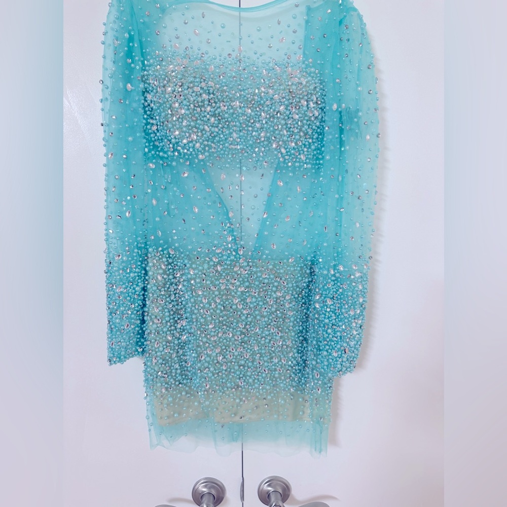 Embellished Sheer Mini Dress in Aqua